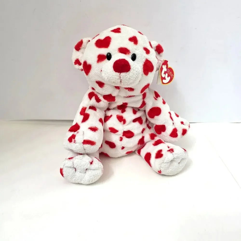 Ty Pluffies Dreamsy Bear 2007 Tylux White W/Red Hearts Valentines Day Plush Tags